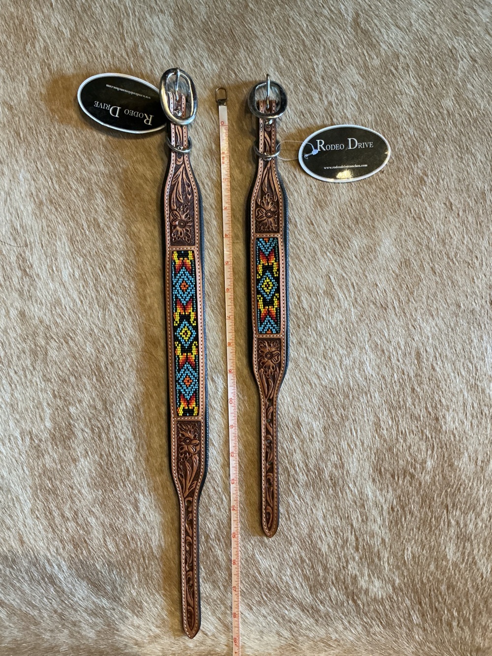 Brown Leather Beaded Dog Collar - Multicolor Bead Inlay
